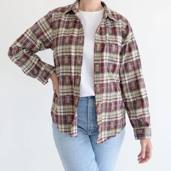 Tops - Vintage Classic Elements  Cream and Maroon Checker Button Up Long Sleeve Shirt M